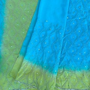 Beautiful blue and green sari with thread and sequence work all over. Saree.